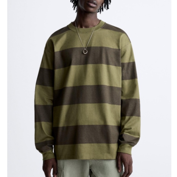 Zara khaki and green 100% cotton wide stripes heavy weight long sleeve tee NWT - Picture 2 of 6